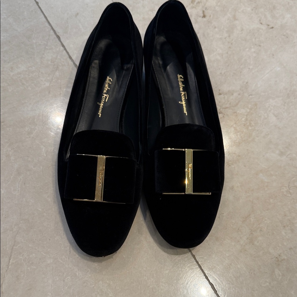 Salvatore Ferragamo Black Velvet Flats with Gold Detail
